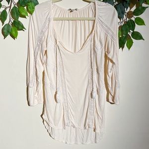 Lucky Brand Eyelet Tassel Peasant Blush Blouse Size Small